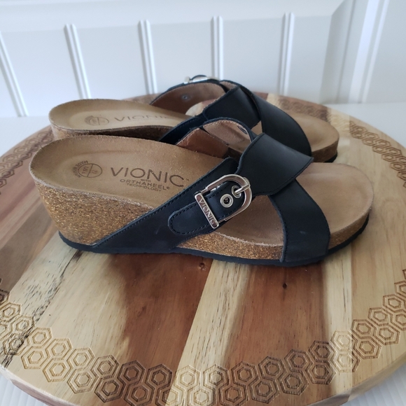 Vionic Danette Wedge Sandals Black Cork Soles - Picture 3 of 5